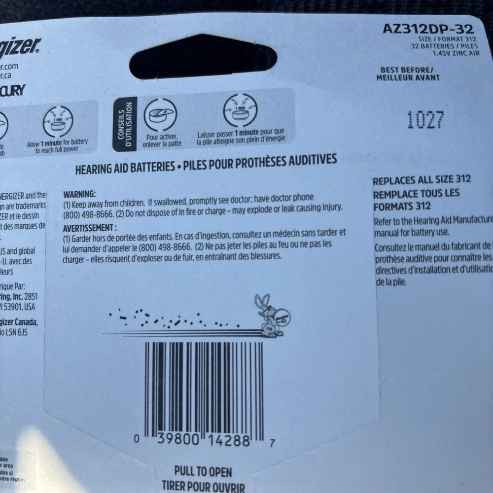 Energizer 312 Long Lasting Hearing Aid‎ Batteries 32 Pack Exp. 10/2027